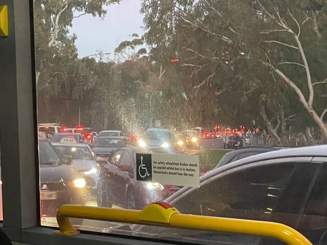 The view of the traffic jam from a bus stuck on Glen Osmond Rd, near the city. Picture: Ryan Piekarski