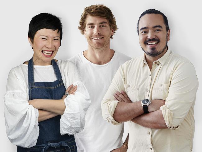 Poh Ling Yeow, Hayden Quinn and Adam Liaw have launch a virtual masterclass series called Dedication You Can Taste with Australian free-range chicken brand Lilydale. Picture: Supplied