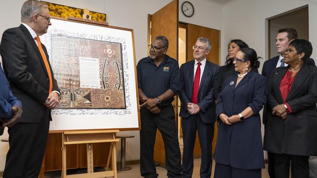 Land council chairs with Anthony Albanese at the unveiling of the Barunga voice declaration at Parliament House. Picture: NCA NewsWire / Martin Ollman