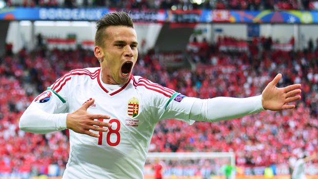 Hungary's midfielder Zoltan Stieber celebrates.