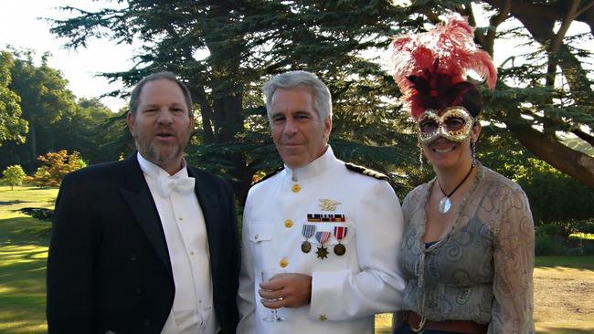 Harvey Weinstein, Jeffrey Epstein and Ghislaine Maxwell in fancy dress at Princess Beatrice's 18th birthday, Windsor Castle, 2006. Picture: TheMegaAgency.com