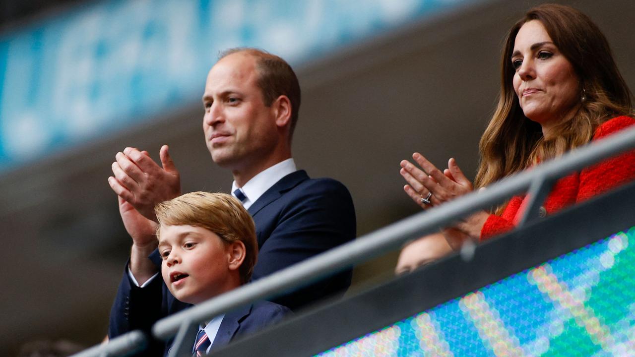 Prince William, Prince George and Kate Middleton at Wembley. Picture: John Sibley/Pool/AFP