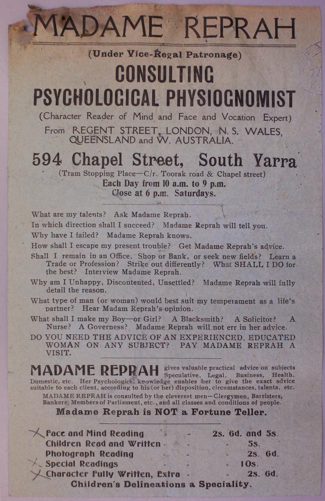 Flyer for Madame Reprah’s services from the Public Record Office Victoria. Image credit: Michael Shelford