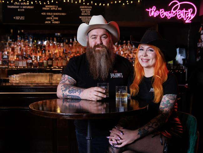 Daily Telegraph. 01, August, 2023.**HOLD FOR KC** Jolene owners Simon and Lucy Rose-Hopkins at their bar in Sydney CBD, today.Picture: Justin Lloyd.