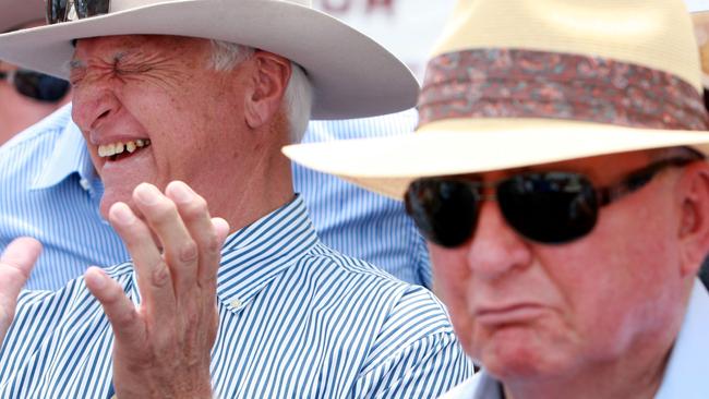 Radio broadcaster Alan Jones with Queensland Federal MP Bob Katter during a protest march on the New Hope Group’s Acland coal mine in 2012. Picture: Lyndon Mechielsen