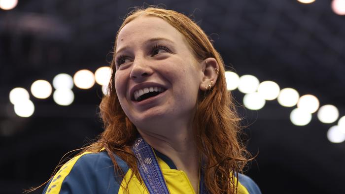FUKUOKA, JAPAN - JULY 28: Gold medallist Mollie O'Callaghan of Team Australia reacts during the medal ceremony for the Women's 100m Freestyle Final on day six of the Fukuoka 2023 World Aquatics Championships at Marine Messe Fukuoka Hall A on July 28, 2023 in Fukuoka, Japan. (Photo by Sarah Stier/Getty Images)