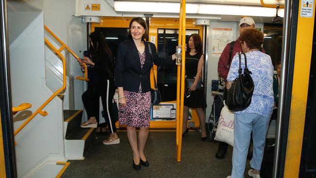 NSW Premier Gladys Berejiklian on a train at Hurstville in 2017. Picture: Richard Dobson