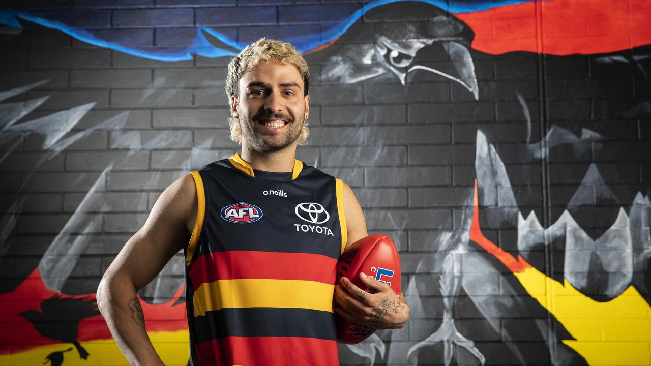 Izak Rankine poses during an Adelaide Crows AFL media opportunity. Photo by Sarah Reed/Getty Images.