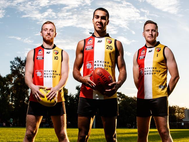 5/5/2020 Goodwood Saints players Josh Slape, Benny Holzbauer and Lou Whitelock at Goodwood Oval. Picture MATT TURNER.