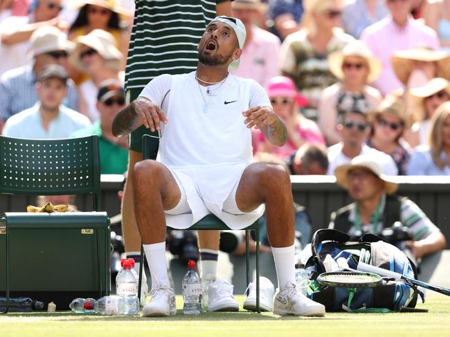 Nick Kyrgios of Australia reacts during a changeover against Novak Djokovic. Picture: Getty