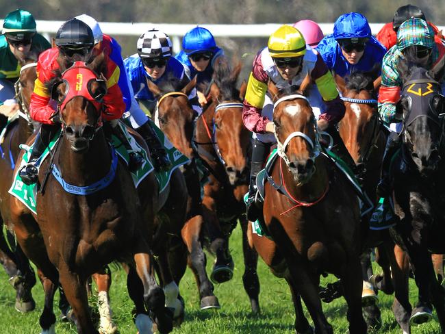 Loving home ridden by Tye Angland  (yellow cap, maroon with yellow armbands) wins race 1 during Scone  Races located in the Upper Hunter Region of NSW. The Bend . Pic Jenny Evans