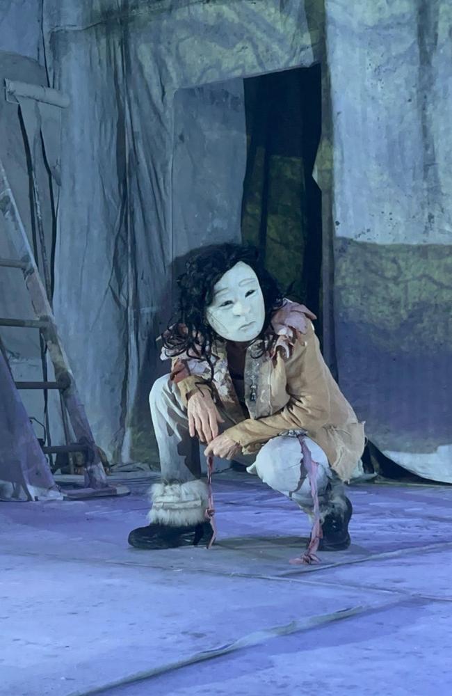 The two siblings played by Nicky Fearn and Thomas Midena wear full face masks. Credit: Gail Evans