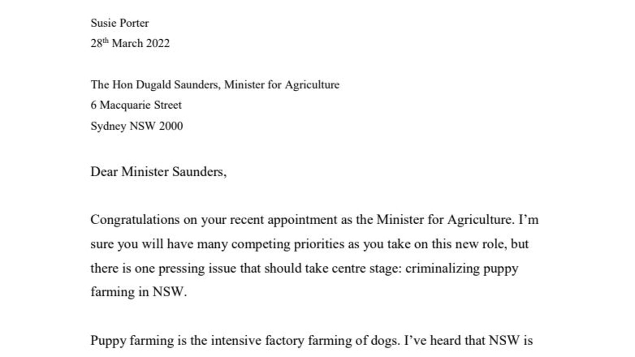 Porter addressed the letter to the NSW Agriculture Minister.