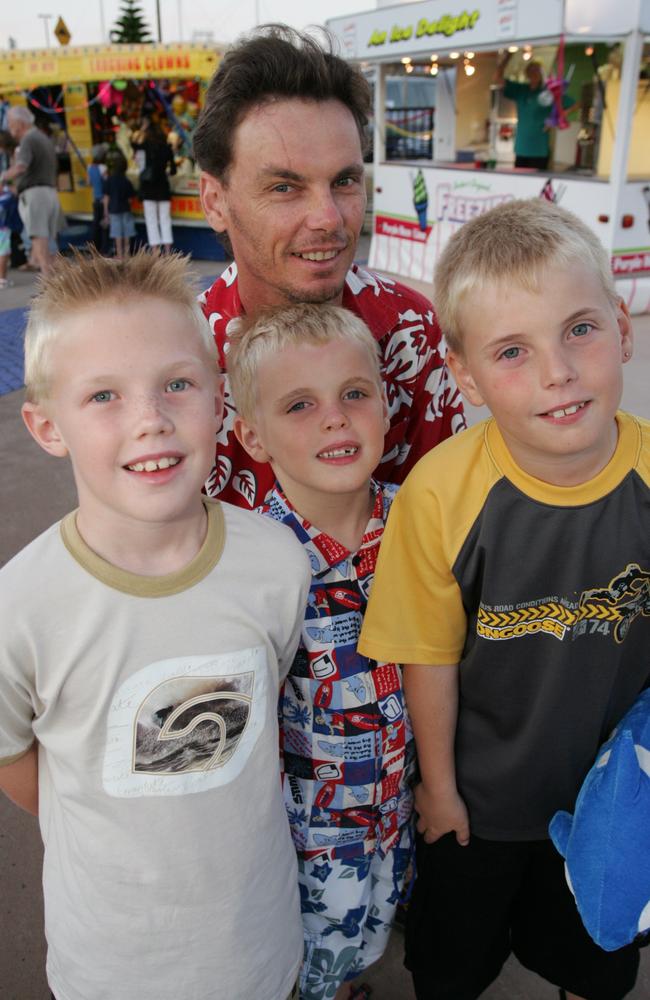 Jaeean (7), Cooper (6), Jackson (9) and Brad Taylor celebrate New Year’s Eve in 2007. Picture: Anthony Reginato