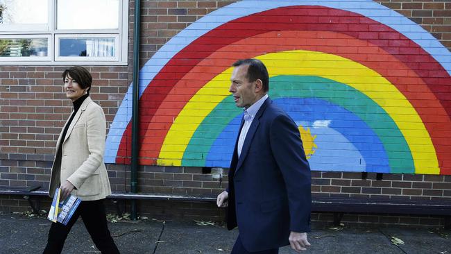 Tony Abbott and wife Margie vote in Sydney. Picture: BRADEN FASTIER