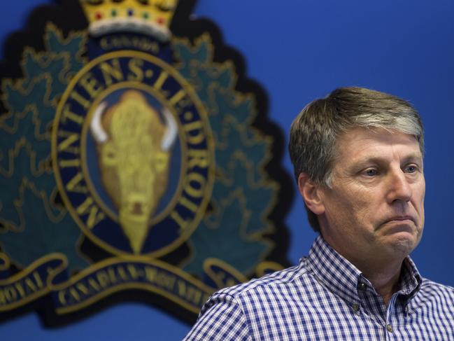 Lucas Fowler’s dad, New South Wales police chief inspector Stephen Fowler, pauses while speaking at a Royal Canadian Mounted Police news conference. Picture: Darryl Dyck/The Canadian Press via AP