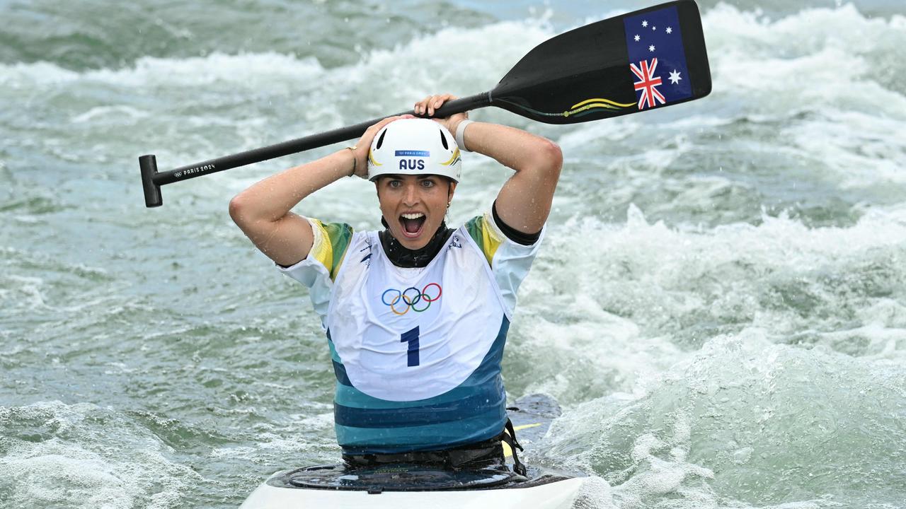 Jess Fox joy at winning the women's canoe single final. Picture: Bertrand Guay/AFP