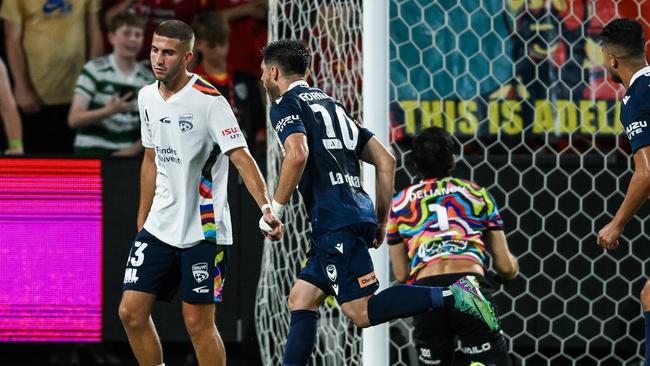 Bruno Fornaroli celebrates after scoring the second of his two goals at Coopers Stadium on Saturday night. Picture: Mark Brake/Getty Images