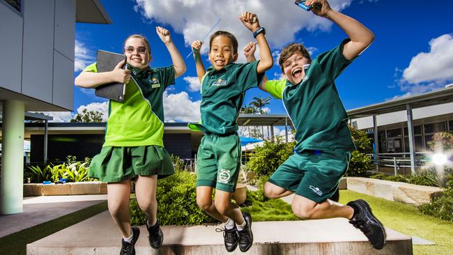 Sunnybank Hills State School students Katie Bourke, Mason Huang and Elijah Robinson who are celebrating terrific NAPLAN results. Picture: NIGEL HALLETT