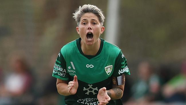 CANBERRA, AUSTRALIA - FEBRUARY 08: Michelle Heyman of Canberra United celebrates scoring a goal during the round 15 A-League Women's match between Canberra United and Central Coast Mariners at McKellar Park, on February 08, 2025, in Canberra, Australia. (Photo by Mark Metcalfe/Getty Images)