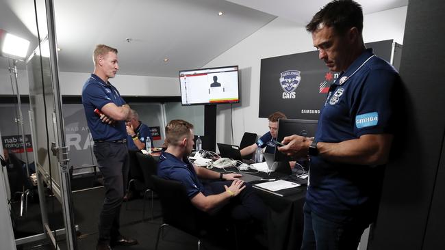 Chris Scott and Geelong recruiting staff at the 2019 national draft.