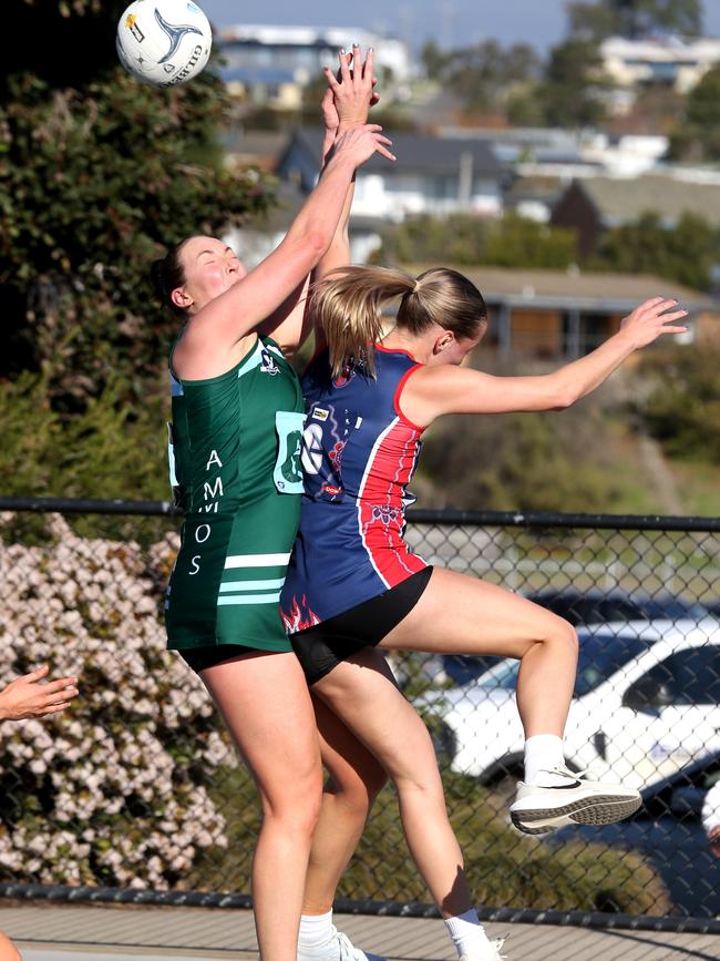 BFNL - Portarlington v Geelong Amateurs.  Geelong Amateurs Goal Keeper Keisha Guilmartin and Portarlington Centre Hannah Branson. Picture Mike Dugdale
