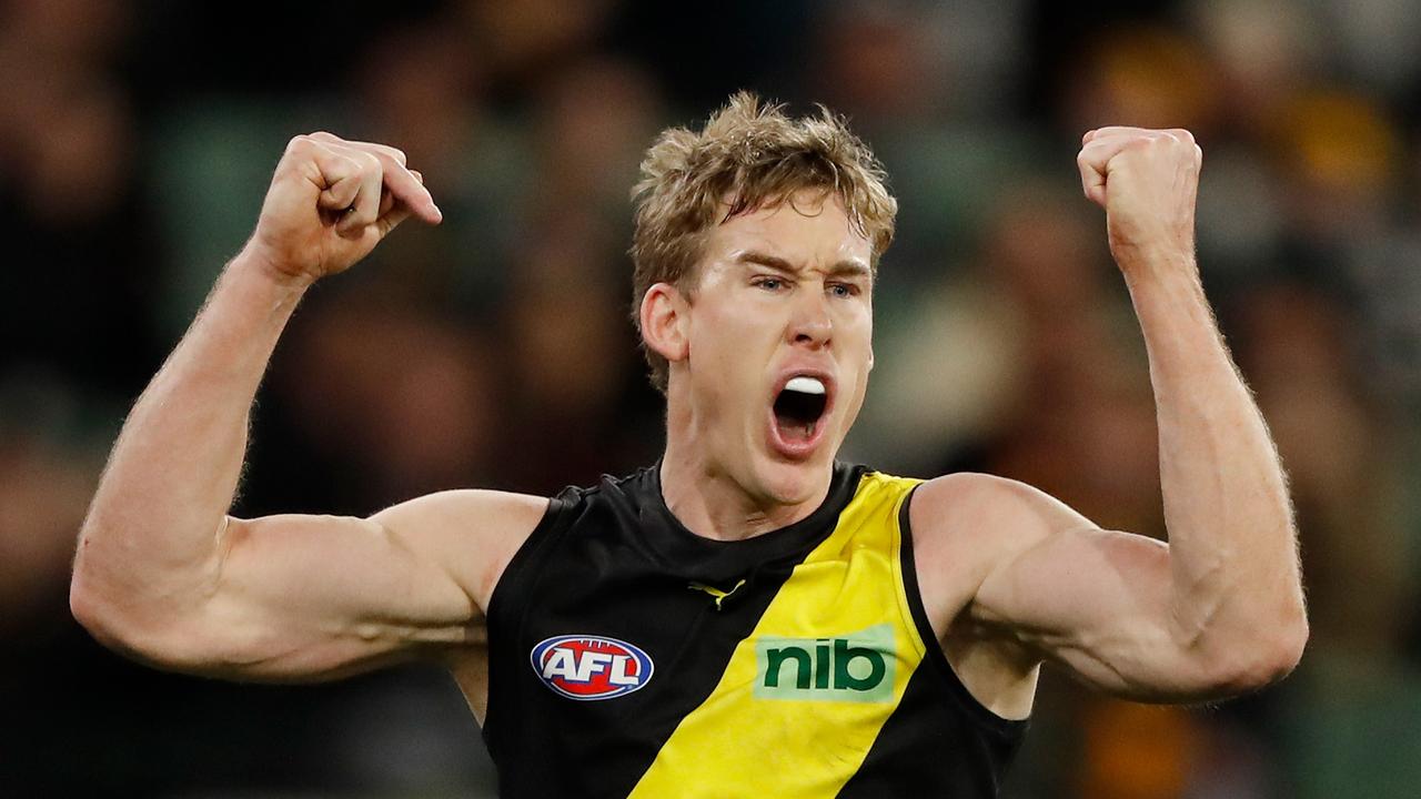 Tom Lynch celebrates a goal against the Lions in Richmond’s comeback win. Picture: Dylan Burns/AFL Photos via Getty Images