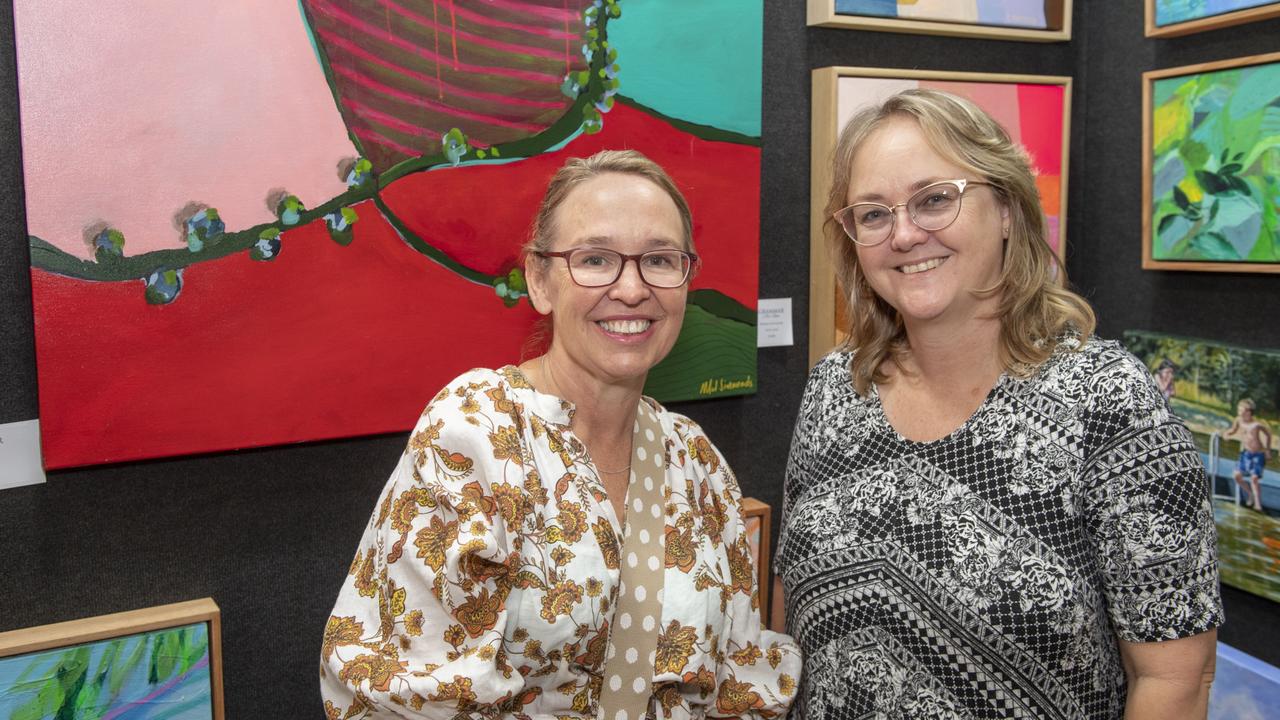 Traci Cash and Tanya Jarvis at the Toowoomba Grammar School Art Show. Saturday, March 25, 2023. Picture: Nev Madsen.