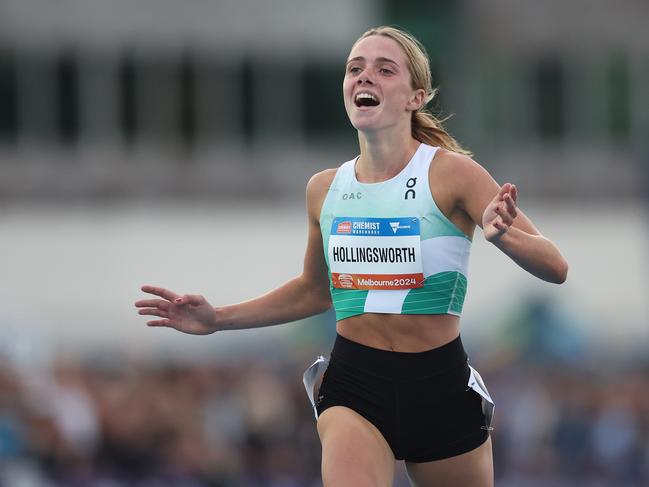 Claudia Hollingsworth wins the women's 800 metre final during the 2024 Maurie Plant Meet in February in Melbourne. She smashed her personal best on Saturday. Picture: Daniel Pockett/Getty Images.