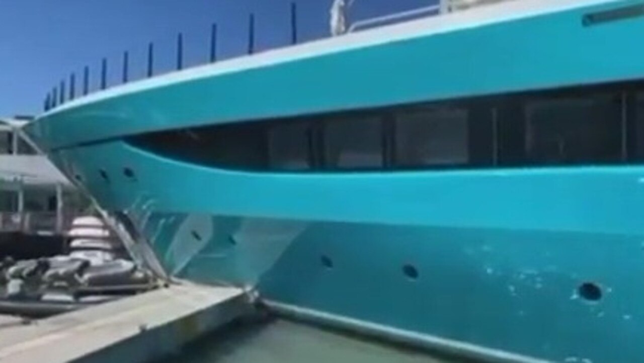The superyacht was caught on video smashing into a wooden pier in Simpson Bay, St Maarten last Wednesday