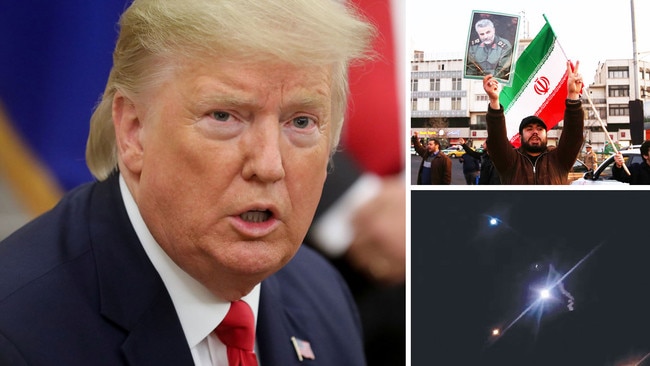 Donald Trump at the White House on Wednesday; Iranians celebrate in Tehran after the attack on US military bases in Iraq, top right; Iranian missiles, bottom right.