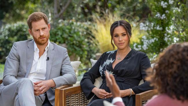 Prince Harry and wife Meghan, Duchess of Sussex, during their interview with Oprah Winfrey. Picture: Joe Pugliese/Harpo Productions