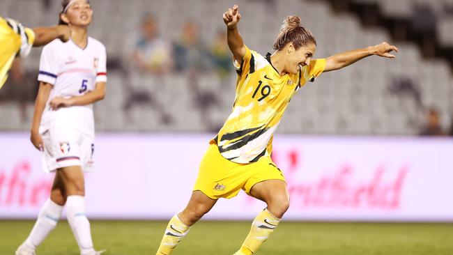 Matildas midfielder Katrina Gorry celebrates scoring against a goal against Chinese Taiepi at Campbelltown Sports Stadium. Picture: Getty Images