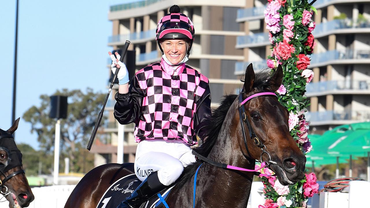 Leah Kilner rides Emerald Kingdom to victory at Eagle Farm. Picture: Grant Peters/Trackside Photography