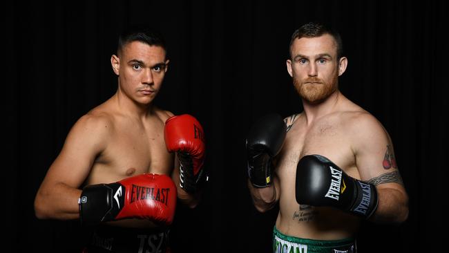 SYDNEY, AUSTRALIA - NewsWire Photos FEBRUARY, 15, 2021: Tim Tszyu and Dennis Hogan pose for a photo at Fox Sports Studios in Sydney. Picture: NCA NewsWire/Joel Carrett