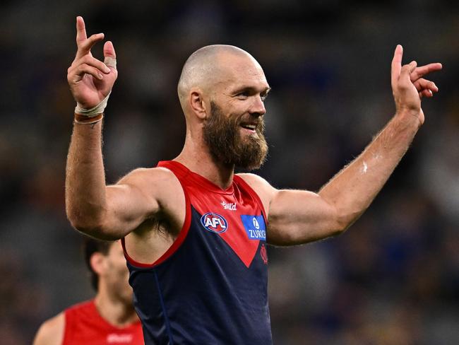 PERTH, AUSTRALIA - MAY 03: Max Gawn of the Demons celebrates a goal during the 2025 AFL Round 08 match between the West Coast Eagles and the Melbourne Demons at Optus Stadium on May 3, 2025 in Perth, Australia. (Photo by Daniel Carson/AFL Photos via Getty Images)
