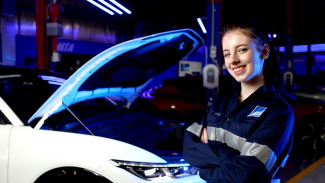 School-based apprentice Charley Dix, 17, at the official opening of the MTA's EV Training Centre. Picture: NCA NewsWire/Kelly Barnes