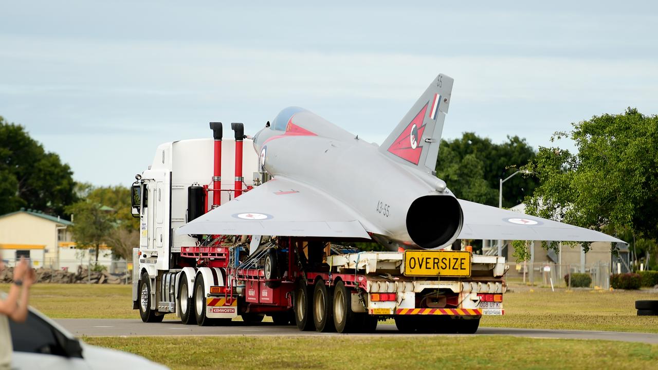 Two restored Royal Australian Air Force aircraft veterans- a Mirage fighter jet A3-55 and a Winjeel Trainer??? A85-403 - arrived at Townsville RAAF Base. Picture: Alix Sweeney