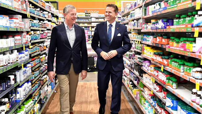 Health Minister Tim Nicholls (left) and Acting Premier Jarrod Bleijie announce the free flu jab program at Wholelife Pharmacy in West End. Picture: John Gass