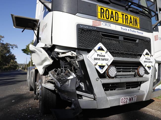 The truck was hit by a stolen car on Thursday. Picture: Jonathan Ng