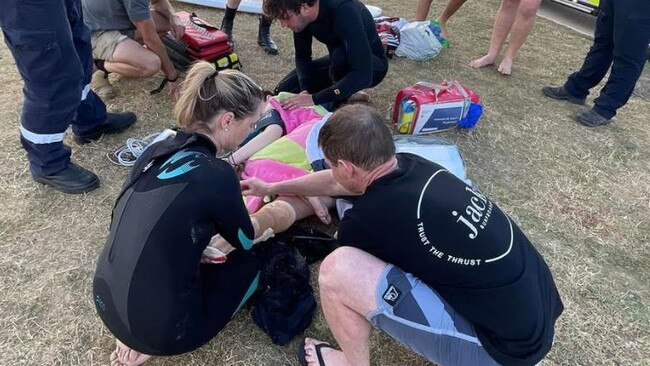 Bystanders rushed to help two teenagers who were bitten by a shark at Ocean Grove. Picture: Facebook/Peter Hobbs