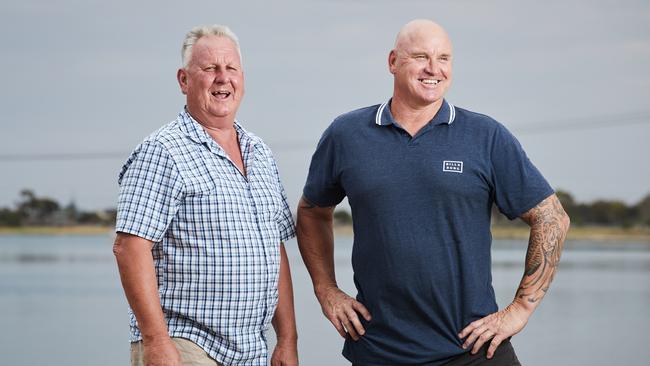 Former Glenelg Footballer Alan Stringer with Ex-Port Adelaide Star Scott Hodges after Scott has helped him battle mental illness. Picture: Matt Loxton