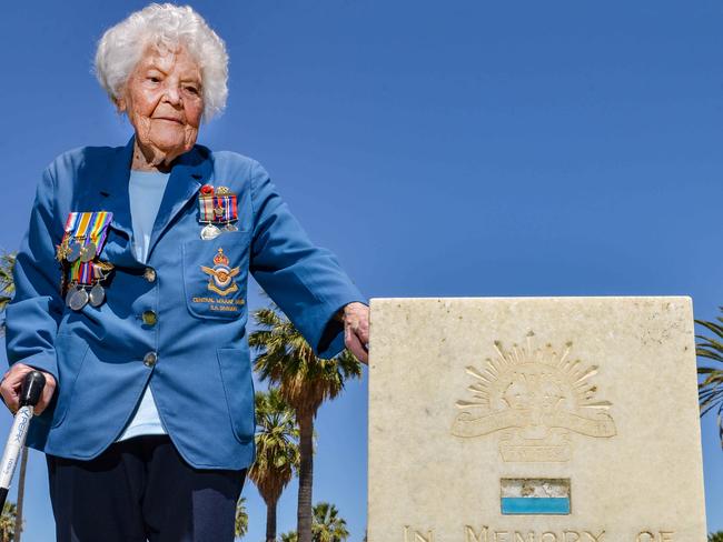 ADELAIDE, AUSTRALIA - NewsWire Photos NOVEMBER 11, 2020: World War 2 veteran Thelma Zimmerman at her fathers grave during the Service of Remembrance under the Cross of Sacrifice in the AIF section of West Terrace Cemetery. Picture: NCA NewsWire / Brenton Edwards