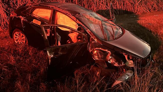 A car allegedly stolen has rolled three times in a crash near Yalboroo, north of Mackay on June 2, 2023. Photo: Heidi Petith