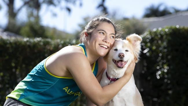 Gymnast Georgia Godwin and her dog Rosie. Picture: Renae Droop