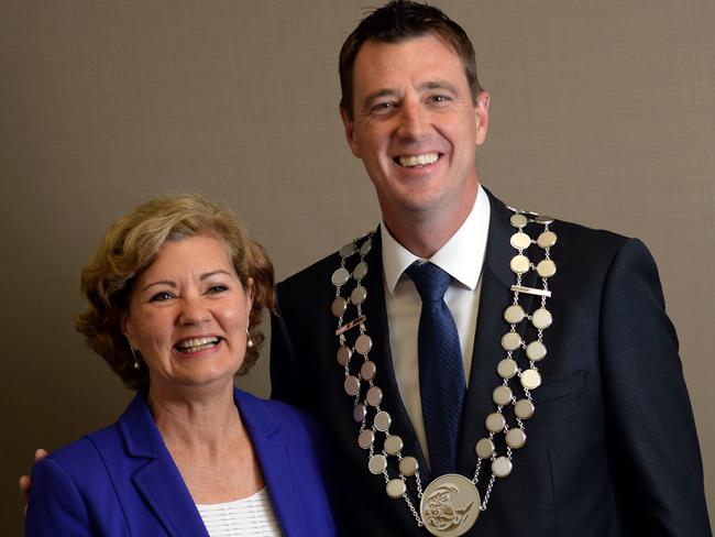 Northern Beaches Mayor Michael Regan and Deputy Mayor Candy Bingham ere among the voters last night. Picture: Jeremy Piper.