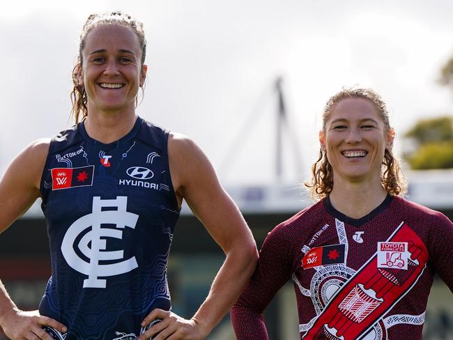 Carlton's Harriet Cordner and Essendon's Georgia Nanscawen ahead of Saturday night's must-win clash for Essendon at Ikon Park. Picture: Carlton FC