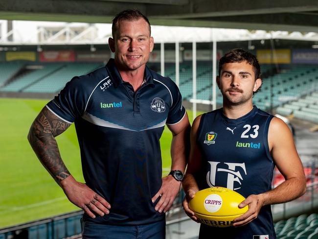 Mitch Thorp Launceston coach with co-captain Brodie Palfreyman. Picture: Scott Gelston / Solstice Digital