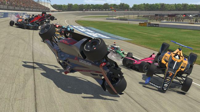 McLaughlin’s Snap-On Team Penske Chevrolet crashes during the IndyCar iRacing Challenge Chevrolet 275. Picture: Getty