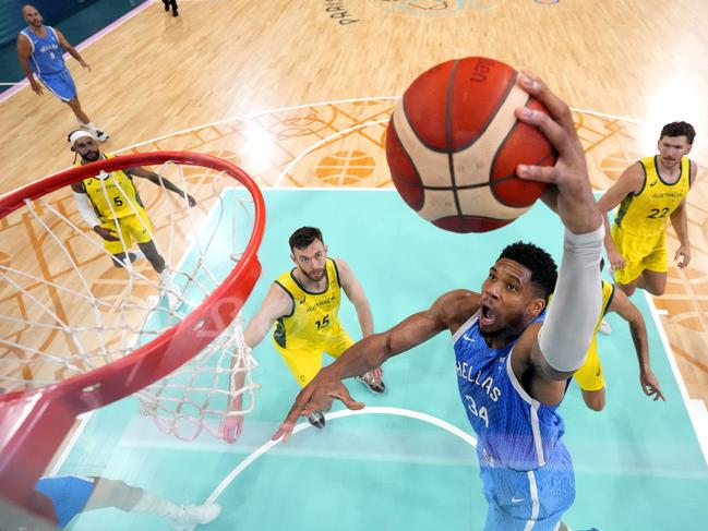 Giannis Antetokounmpo goes up for another two points. Picture: Pool/Getty Images